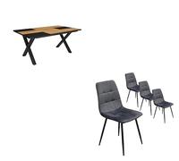 Skraut Home - Set Mobili, Tavolo da pranzo | 170 | Rovere e nero | Stile industriale, Tavolo, Pack di 4 sedie da pranzo | Sedia imbottita