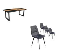 Skraut Home - Set Mobili, Tavolo da pranzo | 200 | Rovere e nero | Stile industriale, Tavolo, Pack di 4 sedie da pranzo | Sedia imbottita