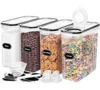 Skroam 4 contenitori per cereali [4L/130 once], contenitori ermetici per alimenti con beccuccio, per organizzare la cucina e la dispensa, dispenser di cereali in plastica, misurini e 20 etichette
