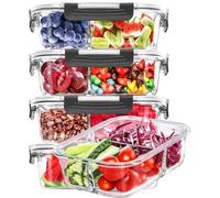Skroam Confezione da 5 contenitori ermetici per alimenti in vetro da 1020 g, 3 scomparti, set di contenitori per la preparazione dei pasti in vetro con coperchio, per dispensa e cucina, scatole per il