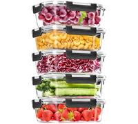 Skroam Confezione da 5 contenitori per alimenti in vetro da 1020,6 g, con coperchio, ermetici, contenitori per la preparazione dei pasti in vetro per pranzo, dispensa e conservazione, scatole per il