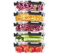 Skroam Confezione da 5 contenitori per alimenti in vetro da 1020,6 g, con coperchio, ermetici, contenitori per la preparazione dei pasti in vetro per pranzo, dispensa e conservazione, scatole per il