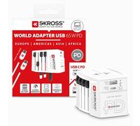 SKROSS -MUV USB AC65PD con Cavo USB C (160cm) - Adattatore Universale da Viaggio a 2 poli + 1x USB C & 1 x USB 65W- Tensione e Potenza: 100V - 250W/250V - 625W per PC portatili, Tablet e Smartphone