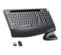 Sksyloo Tastiera e mouse ergonomici full-size, tastiera wireless da 2,4 GHz e mouse verticale con supporto per tablet e telefono, poggiapolsi per computer, Mac, PC, laptop, Chromebook, nero