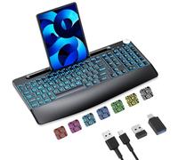 Sksyloo Tastiera wireless 2,4 G con retroilluminazione a 7 colori, ricaricabile, con supporto per telefono e poggiapolsi, tastiera illuminata di dimensioni standard per Mac Windows Laptop PC, nero