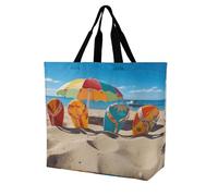 SKTNBM Borsa per la spesa, borsa per la spesa con stampa colorata con infradito da spiaggia, unisex, borsa per la spesa portatile, pieghevole, riutilizzabile, bianca, 40 x 40 x 16 cm