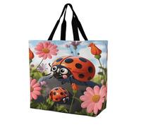 SKTNBM Borsa per la spesa, borsa per la spesa con stampa di coccinelle e fiori, unisex, borsa per la spesa portatile, pieghevole, riutilizzabile, bianca, 40 x 40 x 16 cm, bianca, 40 x 40 x 16 cm