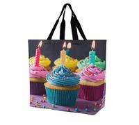 SKTNBM Borsa per la spesa, borsa per la spesa con stampa di cupcake di buon compleanno, borsa per la spesa unisex portatile, pieghevole, riutilizzabile, bianca, 40 x 40 x 16 cm