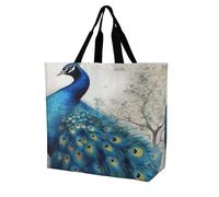 SKTNBM Borsa per la spesa, borsa per la spesa con stampa di pavone blu, borsa per la spesa portatile unisex, borse della spesa riutilizzabili pieghevoli, bianca, 40 x 40 x 16 cm