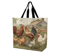 SKTNBM Borsa per la spesa, borsa per la spesa con stampa di polli e fattoria, borsa per la spesa unisex portatile, pieghevole, riutilizzabile, bianca, 40 x 40 x 16 cm