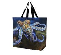 SKTNBM Borsa per la spesa, borsa per la spesa con stampa di polpo con anelli blu, borsa per la spesa unisex portatile, pieghevole, riutilizzabile, bianca, 40 x 40 x 16 cm