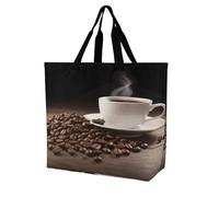 SKTNBM Borsa per la spesa, borsa per la spesa con stampa di tazze di caffè e chicchi di caffè, borsa per la spesa unisex portatile, pieghevole, riutilizzabile, bianca, 40 x 40 x 16 cm, bianca, 40 x 40