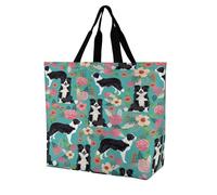 SKTNBM Borsa per la spesa, borsa per la spesa con stampa floreale Border Collie, unisex, borsa per la spesa portatile, pieghevole, riutilizzabile, bianca, 40 x 40 x 16 cm, bianca, 40 x 40 x 16 cm