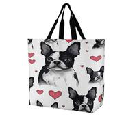 SKTNBM Borsa per la spesa, Boston Terrier, borsa per la spesa con stampa di cane rosso e cuore, unisex, borsa per la spesa portatile, pieghevole, riutilizzabile, bianca, 40 x 40 x 16 cm