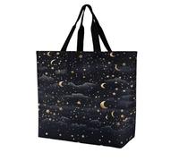 SKTNBM Borsa per la spesa, con stampa di stelle e luna su sfondo scuro, unisex, borsa per la spesa portatile, pieghevole, riutilizzabile, bianca, 40 x 40 x 16 cm