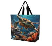 SKTNBM Borsa per la spesa, motivo: tartarughe marine, stampa con pittura a diamante, unisex, borsa per la spesa portatile, pieghevole, riutilizzabile, bianca, 40 x 40 x 16 cm