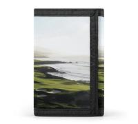 SKTNBM Portafoglio a tre pieghe, portafoglio sottile con stampa campo da golf sul mare, portafoglio con tasca frontale, portafoglio a tre ante da uomo, sottile ed elegante, per uomini e donne, nero