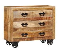 SKTQYQO Credenza con 3 Cassetti in Legno Massello Mango Grezzo 80x30x65 cm, Mobile con Ruote in Ghisa e Freni, Design Retrò per Soggiorno o Ingresso, Ampio Spazio di Conservazione,