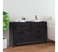 SKTQYQO Credenza Nera in Legno Massello di Pino Riciclato con 6 Cassetti, Mobiletto Vintage Industriale 110x35x70 cm per Soggiorno o Ingresso, Piano Robusto e Piedini in Metallo,