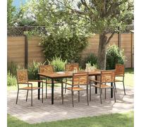 SKTQYQO Set da Pranzo Giardino 7 Pezzi Grigio in Rattan Sintetico e Acacia, Sedie Impilabili con Cuscini 2 pz, Tavolo 180x90x75 cm in Legno Acacia Solido e Metallo, Set Completo 4