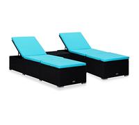 SKTQYQO Set di 2 Lettini Prendisole con Tavolino in Polyrattan Nero, Poltrone Relax Estive con Cuscini Blu Regolabili per Giardino e Terrazza, Mobili da Esterno Resistenti alle