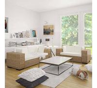 SKTQYQO Set Divani in Vero Rattan a 2 e 3 Posti con Cuscini Sfoderabili in Tessuto Lino Bianco Crema, Componibile per Soggiorno Giardino, Struttura Legno Resistente e Durevole,