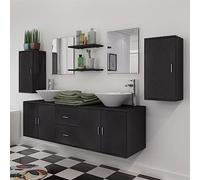 SKTQYQO Set Mobili da Bagno 11 Pezzi Nero con Lavabo e Rubinetto | Legno multistrato, lavabi in ceramica bianca, rubinetti cromati, scaffali 40x20 cm, montaggio facile