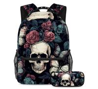 Skull and Butterfly Keep Your Essentials in One Place, zaino con astuccio, il set di zaini per la scuola definitivo per studenti, Multicolore#06, B:29.4x20x40cm P:19x7.5x3.8cm, Zaini Daypack
