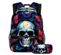 Skull and Butterfly Keep Your Essentials in One Place, zaino con astuccio, il set di zaini per la scuola definitivo per studenti, Multicolore#04, B:29.4x20x40cm P:19x7.5x3.8cm, Zaini Daypack