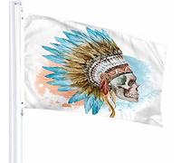 Skull Flag Decor 3x5 Ft Tribal Ethnic Face Head Copricapo di piume Vintage Cultura tradizionale Guerra Poliestere Motivo stampato Decorazioni per esterni per case e giardini