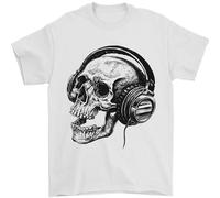 Skull Headphones Gothic Rock Music DJ t-shirt da uomo 100% cotone, bianco, XL