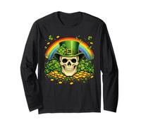 Skull Leprechaun Hat Shamrock Rainbow Lucky Coins Maglia a Manica