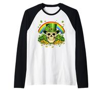 Skull Leprechaun Hat Shamrock Rainbow Lucky Coins Maglia con Maniche Raglan