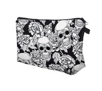 Skull Print Makeup Bag - goth zipper pouch, waterproof polyester case | Unconventional cosmetic bag for women girls ladies, spooky travel organizer for toiletries accessories storage at home