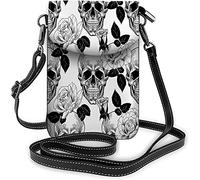 Skull Roses Borsa piccola per cellulare Bloom Flower Horror Bone Borsa a tracolla Rock-N-Roll per portafogli da donna Nero Bianco