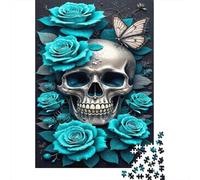Skull with Blue Roses 1000 Pezzi Cartolina Premium Puzzle Premium Fans Per Ragazzi 12-18 Anni Difficile Sfidante Decorazione Murale 38x26cm/1000pcs