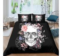 Skull with flowerscopripiumino microfibra 3 Pezzi stampa 3D con cerniera Botanical gothic art Set Di Copripiumino incluso federe per cuscini aiosa for bambini e adolescenti Single（140x200cm）