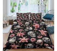 Skulls with flowerscopripiumino ultra microfibra Set di 3 Pezzi stampa di 3D cerniera nascosta Gothic floral Set Di Copripiumino incluso federe soffice aiosa for adolescenti Double（200x200cm）