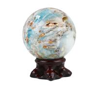 Sky Blue Crystal Ball, Magic Crystal Sphere Ball with Wooden Stand for Divination/Chakra Balance/Yoga/Home/Office FengShui Decoration,5.5~6.5cm