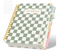 SKYDUE Hardcover Spiral Notebook, 300 Pages 8" x 10" College Ruled Notebook for Work with Dividers & Pockets, 5 Subject Notebook Journals for Women, Double Wire Bound, Tab Stickers Included, GreenGrid
