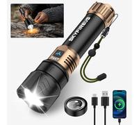SKYFIRE Torcia LED Potente Professionale | 900.000 Lumen Torcia Ricaricabile, 4 Modalità Luminose con Zoom | Lente Accendi-Fuoco | Impermeabile, ideale per Campeggio, Emergenze（Nero dorato）
