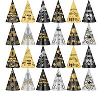 Skylety 24 Pezzi Cappelli di Buon Anno Happy New Year 2026 Cappello a Cono di Carta Nero Oro Argento Accessori per Foto di Capodanno Decorazioni per 2026 Bomboniere Inverno Festività Celebrazione