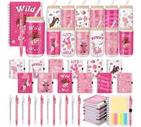 Skylety Set da 36 bicchieri di vetro con coperchio, cannucce a spirale, quaderni a spirale, ideali come regalo per ringraziamenti per essere fantastici, 12 pezzi (cowboy rosa)