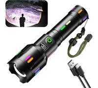 Skylla Torcia LED ricaricabile 6000 lumen con indicatore di potenza, torcia molto luminosa, 6 modalità di illuminazione, IP67, impermeabile, lampeggiante lungo zoomabile per escursioni, campeggio