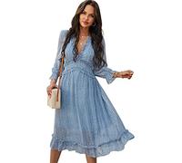 SkyPOOU Abito da donna con scollo a V Boho-stampa floreale maniche lunghe fluide dolci volant per feste di primavera vacanze fluide volant maniche lunghe per le donne stampa floreale elegante scollo a