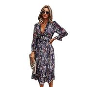 SkyPOOU Abito da donna con scollo a V Boho-stampa floreale maniche lunghe fluide dolci volant per feste di primavera vacanze fluide volant maniche lunghe per le donne stampa floreale elegante scollo a