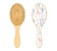 SKYSHU Castle and Princess - Spazzola per capelli in legno naturale, con comode setole in legno, districante e acconciatura, ovale, per donne, uomini e bambini, per tutti i tipi di capelli (bagnati,