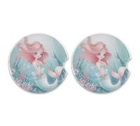 SKYSHU Set di 2 sottobicchieri rotondi a forma di sirena, per bevande, assorbenti, in pietra ceramica, con base in sughero e impugnatura per una facile pulizia, 6,5 cm