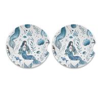 SKYSHU Set di 2 sottobicchieri rotondi a forma di sirena, per bevande, assorbenti, in pietra ceramica, con base in sughero e impugnatura per una facile pulizia, 6,5 cm