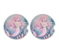 SKYSHU Set di 2 sottobicchieri rotondi a forma di sirena, per bevande, assorbenti, in pietra ceramica, con base in sughero e impugnatura per una facile pulizia, 6,5 cm